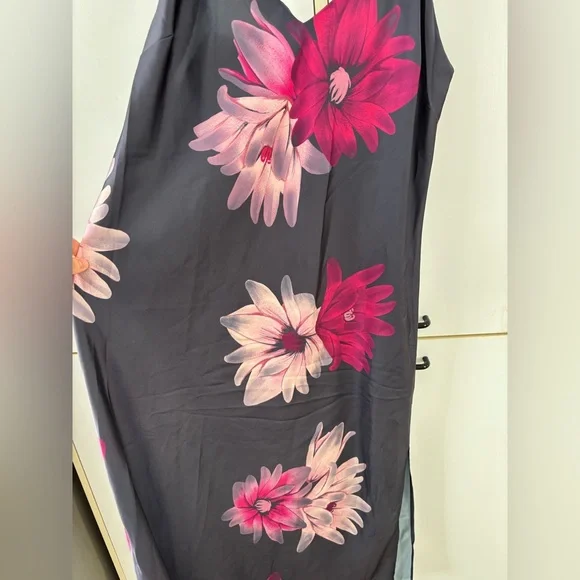 La Vie En Rose Dark Gray Pink Floral Slip Dress  Sexy Edgy Summer Flowy Satin - Picture 2 of 8